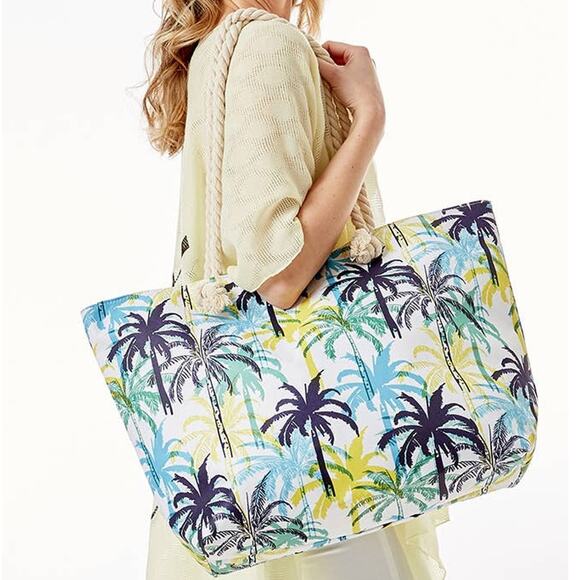 Tropical Palm Tree Print Beach Bag Tote - Picture 1 of 5